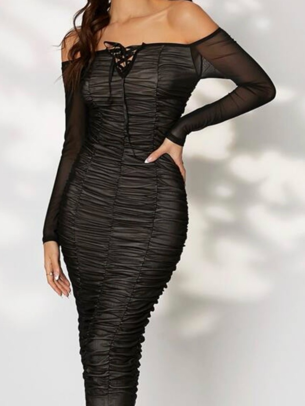 SHEIN Black Off-Shoulder Ruched Pencil Skirt